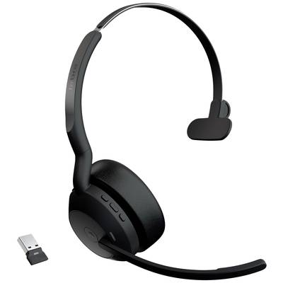 Casque sans fil noir avec dongle USB, adapté aux téléconférences et à la musique, montrant le microphone et un coussin d'oreille.