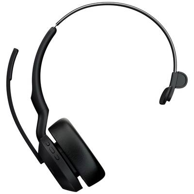 Un casque sans fil noir avec un bras de microphone ajustable, un écouteur simple et un design élégant pour des appels professionnels.