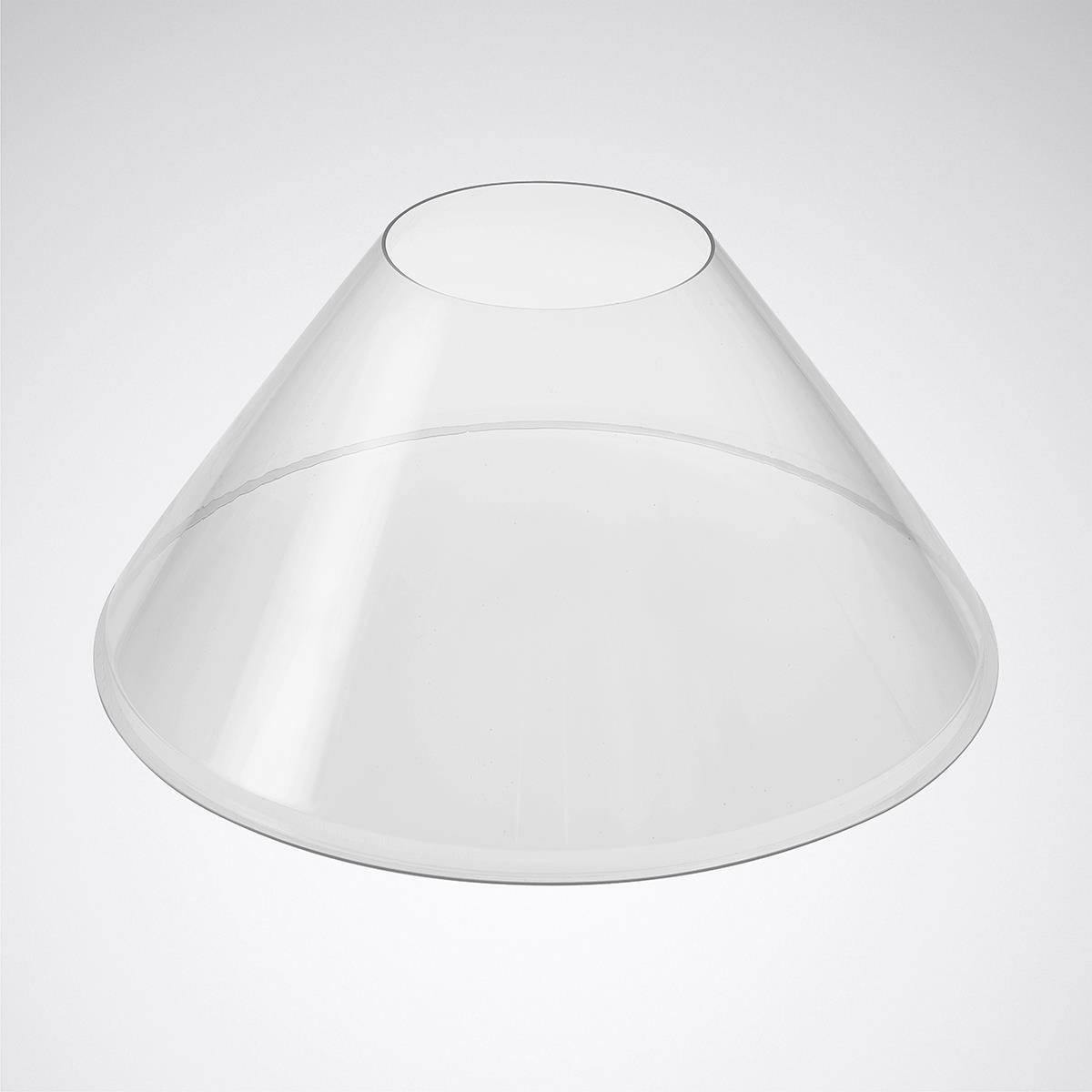 Cône de protection transparent et conique pour chien sur un fond gris. Utilisé comme protection pour empêcher les léchages ou les griffures.