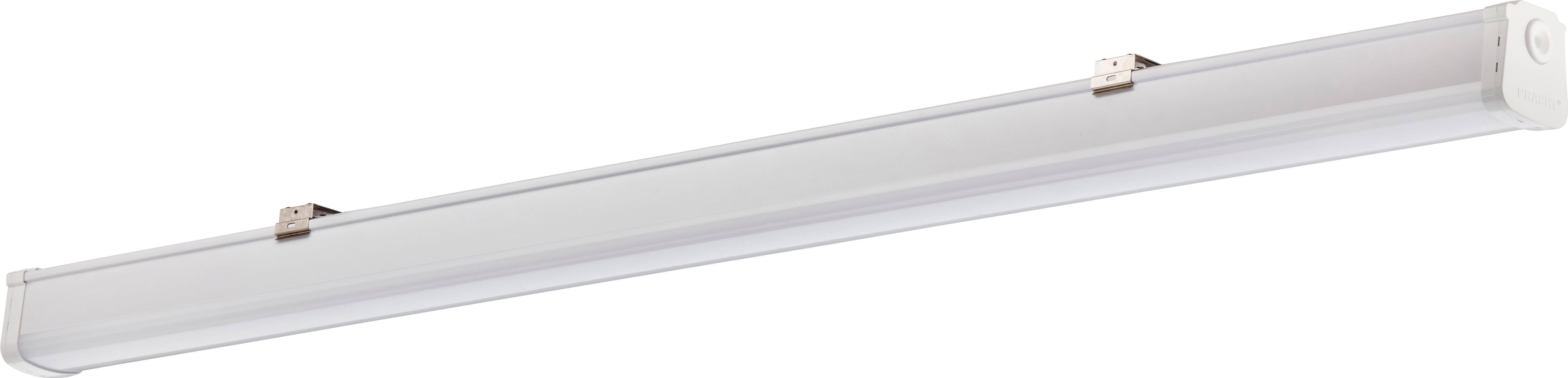 Longue lumière LED rectangulaire avec cadre blanc, adaptée pour une installation au plafond dans des bureaux ou des espaces de vie.