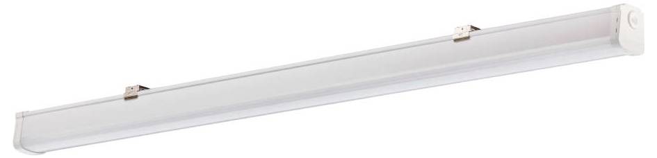 Un luminaire à LED blanc au design long et tubulaire, monté avec des supports métalliques, adapté à l'installation au plafond dans des espaces commerciaux.