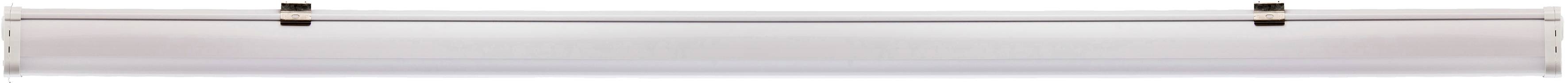 Une barre lumineuse blanche, allongée, avec des supports métalliques à chaque extrémité, adaptée à une installation au plafond à l'intérieur.