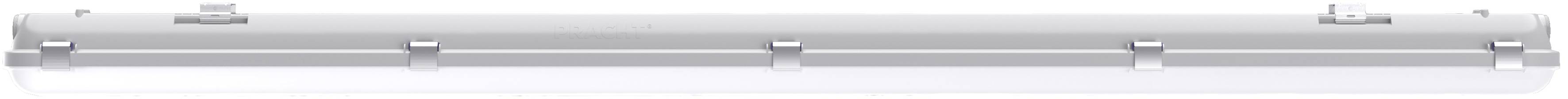 Une lampe fluorescente LED blanche en forme de tube avec des attaches de fixation à chaque extrémité, sans câbles visibles ni arrière-plan.