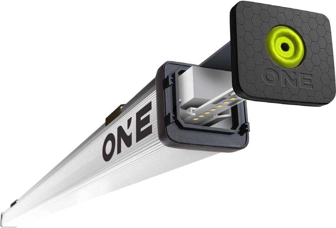 Profil en aluminium avec bande LED de ONE, montrant l'intérieur avec les LED et l'extrémité fermée avec un élément décoratif.