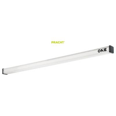 Un luminaire LED long et élégant portant l'étiquette « ONE » avec « PRACHT » inscrit au-dessus, présentant un design minimaliste et moderne.
