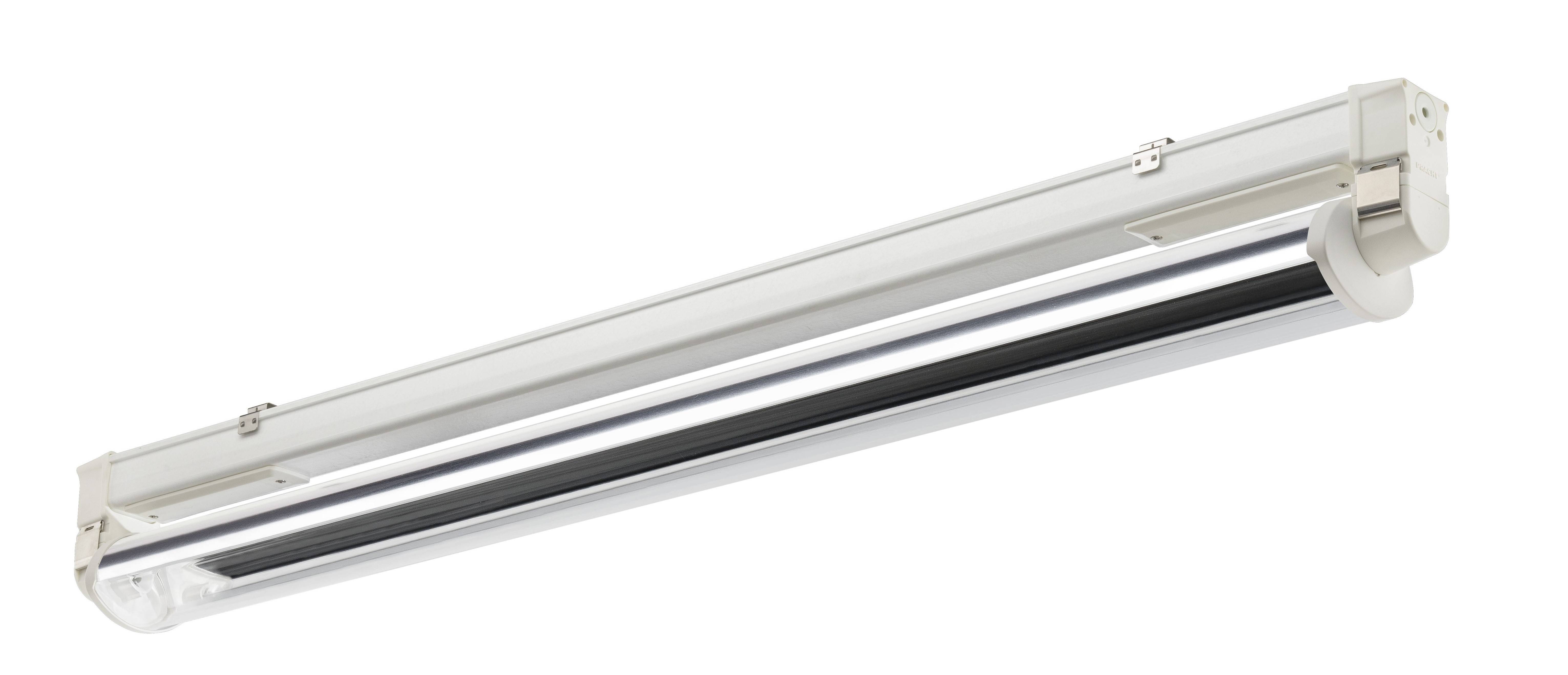 Un luminaire LED allongé de couleur argent, conçu pour une installation au plafond, idéal pour les espaces de bureau ou d'atelier.