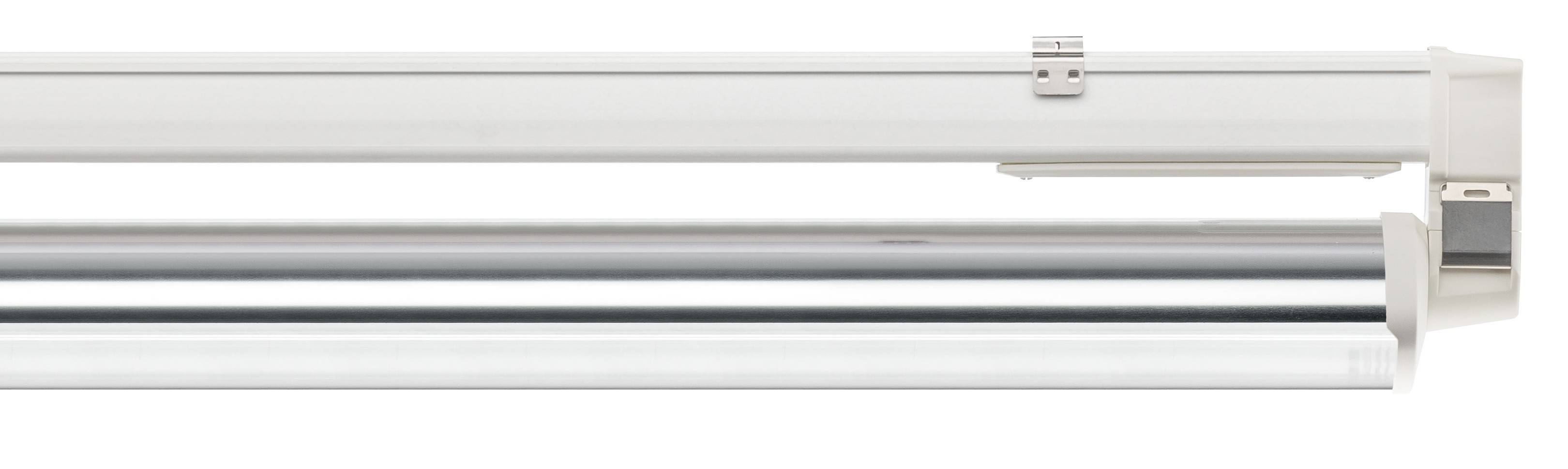 Un panneau de commande électrique blanc pour store, orienté horizontalement, avec une section argentée et blanche, muni d'un support de fixation.