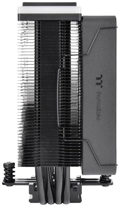 Dissipateur thermique avec ailettes de refroidissement verticales et plusieurs caloducs, design noir, adapté pour l'évacuation de chaleur des processeurs d'ordinateur.
