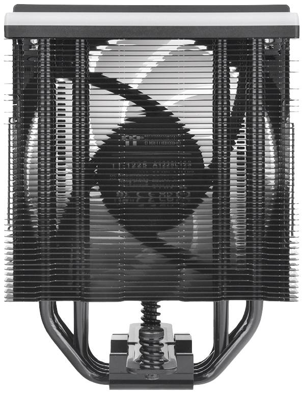 Un refroidisseur d'air pour processeur avec des ailettes empilées verticalement et deux ventilateurs pour dissiper efficacement la chaleur des processeurs d'ordinateur.