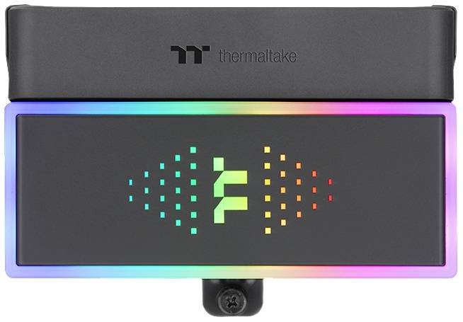Bloc de refroidissement rétroéclairé par LED avec un symbole lumineux et le logo Thermaltake sur le dessus. Des lumières colorées encadrent le design rectangulaire.