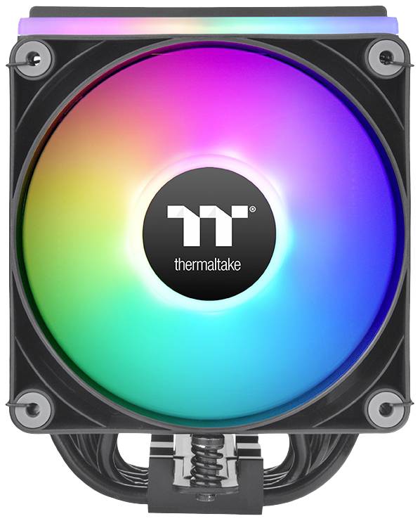 Un refroidisseur carré, commandé par ordinateur, avec un ventilateur central mis en valeur par un éclairage LED multicolore.