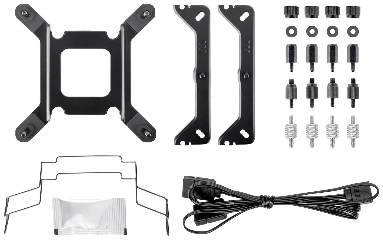 Kit de montage pour dissipateur thermique de CPU : Comprend une plaque métallique, des supports, des vis, des entretoises, des câbles et de la pâte thermique.