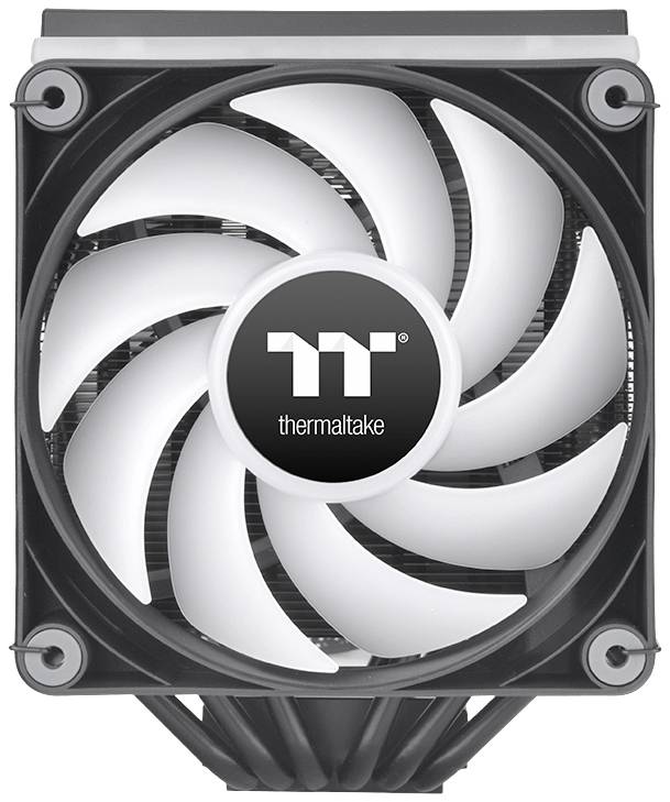 Un ventilateur d'ordinateur avec un boîtier noir et sept pales blanches. Le logo de Thermaltake est visible au centre.