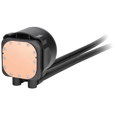 Une pompe de refroidissement à eau pour ordinateur en noir et cuivre avec deux tuyaux connectés pour la circulation du liquide de refroidissement.