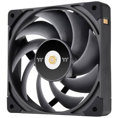 Un ventilateur d'ordinateur noir avec plusieurs pales et un accent central orange, adapté pour le refroidissement de PC.