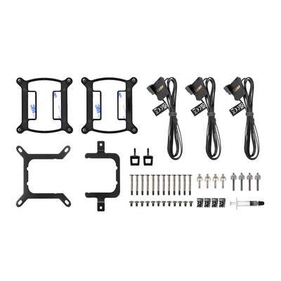 Kit de montage pour refroidisseur de processeur, comprenant des supports, des vis, des câbles et de la pâte thermique, compatible avec divers processeurs.