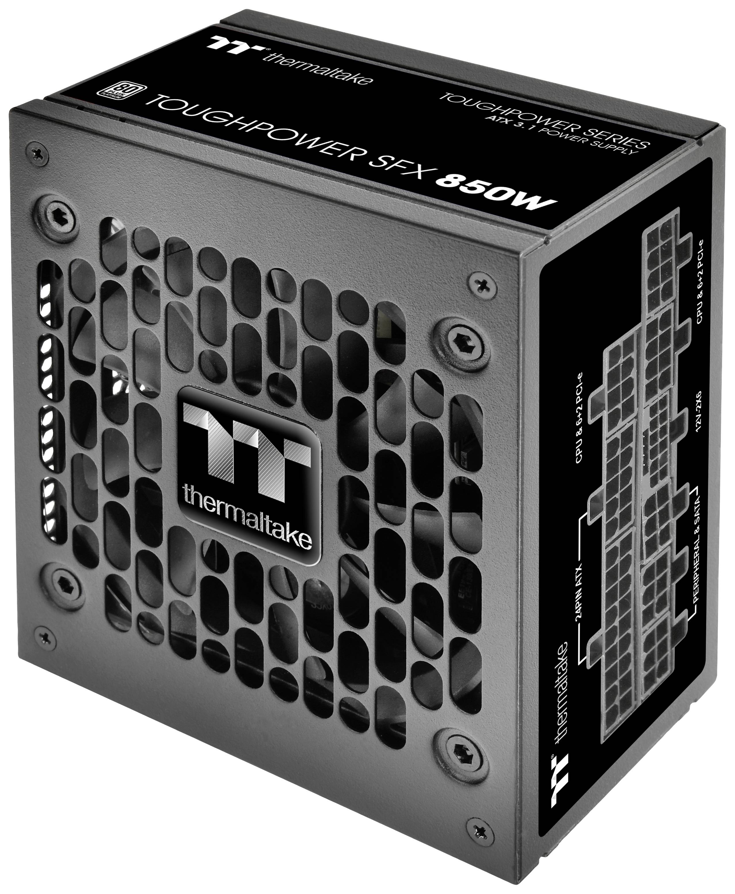 Bloc d'alimentation de Thermaltake, modèle 'Toughpower SFX 850W', avec grille de ventilation et schéma de connexion sur le côté.