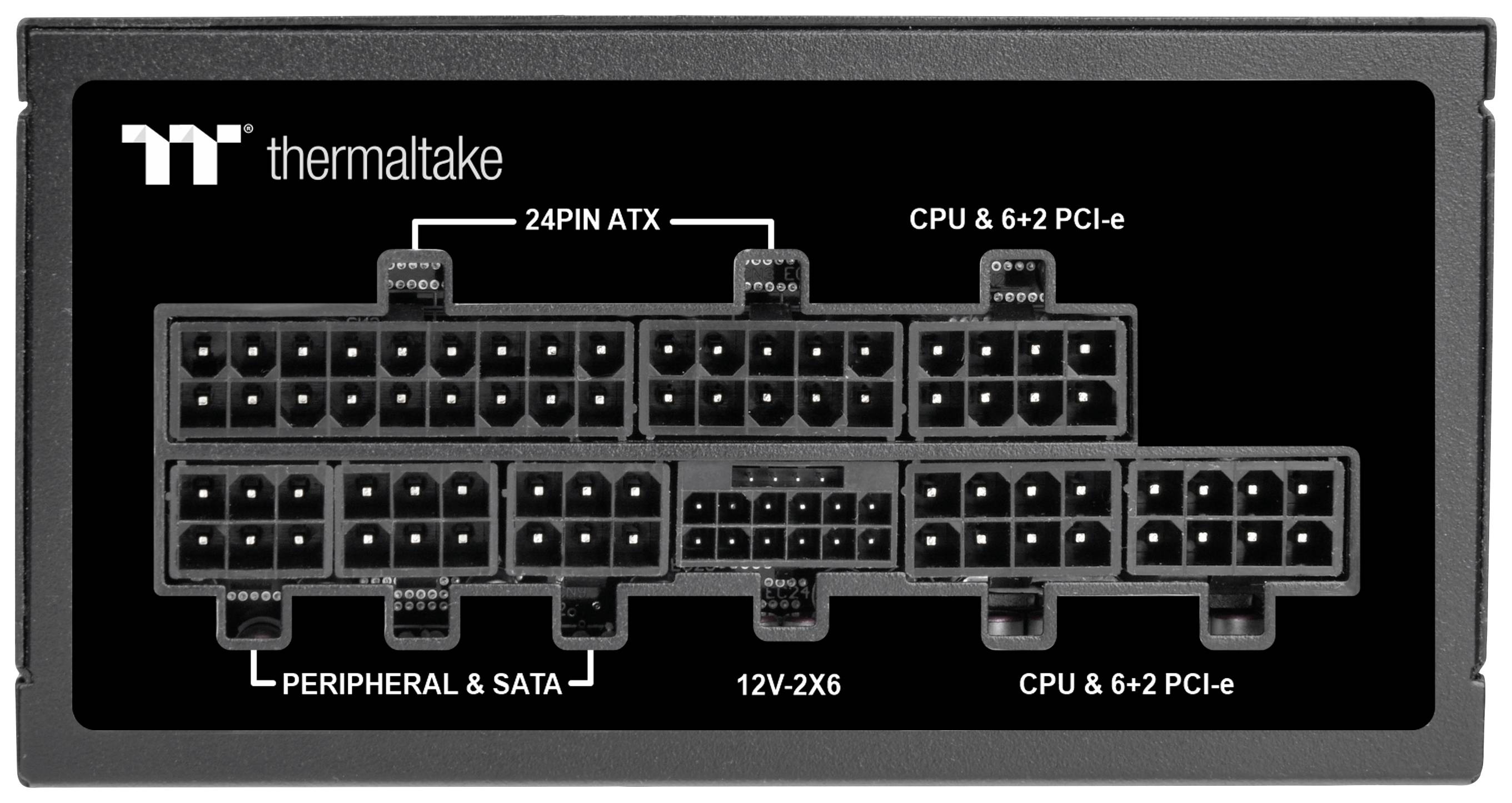 Face avant d'un bloc d'alimentation Thermaltake avec différentes connexions : 24 broches ATX, CPU 8+6+2 PCI-e, et 12V-2X6, marquées pour les périphériques et les connecteurs SATA.