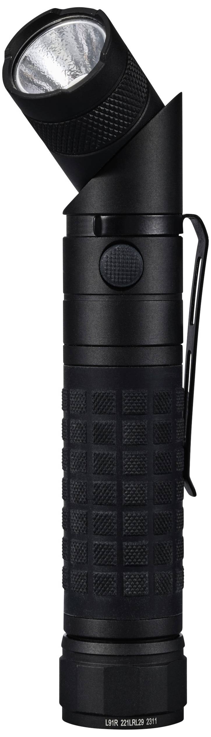 Une lampe tactique noire avec tête pivotante et bouton-poussoir latéral, idéale pour un éclairage polyvalent.