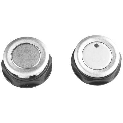 Deux boutons-pression métalliques et ronds, avec des bases noires, côte à côte. Le bouton de gauche a une surface plate, celui de droite une surface légèrement enfoncée.