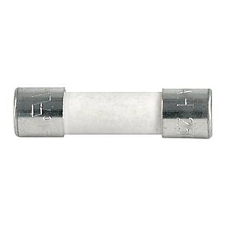 Un fusible cylindrique avec des embouts métalliques aux deux extrémités ; typique des appareils électriques pour la protection contre les surintensités.