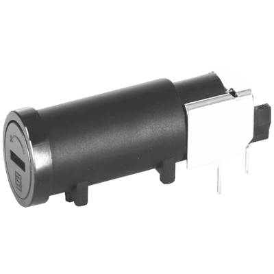 Interrupteur cylindrique noir avec boîtier métallique, bornes de connexion latérales et un bouton-poussoir rond.