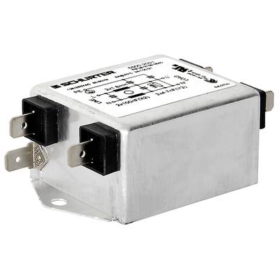 Un filtre électronique rectangulaire à plusieurs bornes de connexion, avec une étiquette contenant des spécifications techniques sur le dessus.