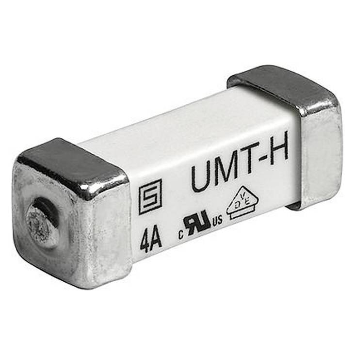 Un fusible blanc avec des capuchons métalliques, sur lequel sont imprimés 'UMT-H 4A' et des symboles de certifications électriques.