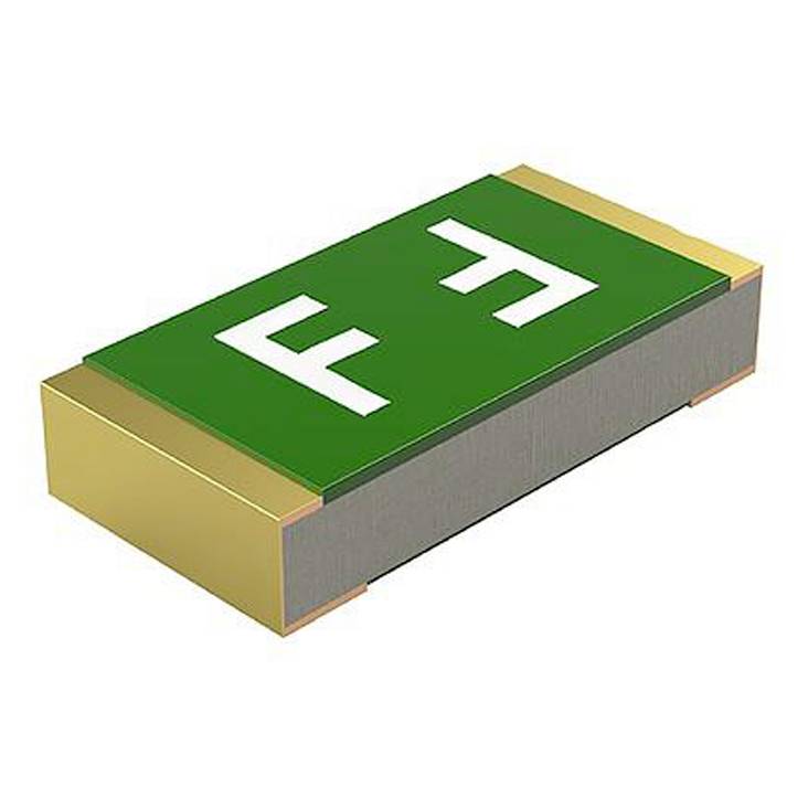 Un composant électronique rectangulaire avec des contacts dorés aux extrémités et un boîtier vert, portant l'inscription 'F1'.