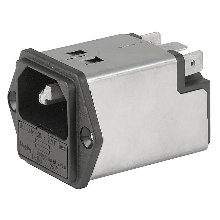 Un module de connexion de câble réseau argenté avec un contour noir et trois broches. Il est fréquemment utilisé dans les appareils électroniques.
