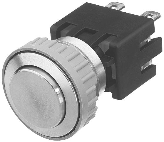 Interrupteur à bouton-poussoir rond avec bouton argenté et fixation noire. Prêt à fonctionner avec deux connexions métalliques à l'arrière.