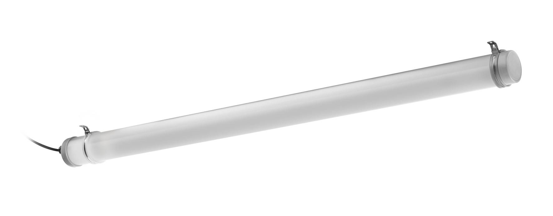 Lampe LED cylindrique en barre, montée horizontalement, avec des pinces aux deux extrémités. Convient pour l'éclairage intérieur ou extérieur.