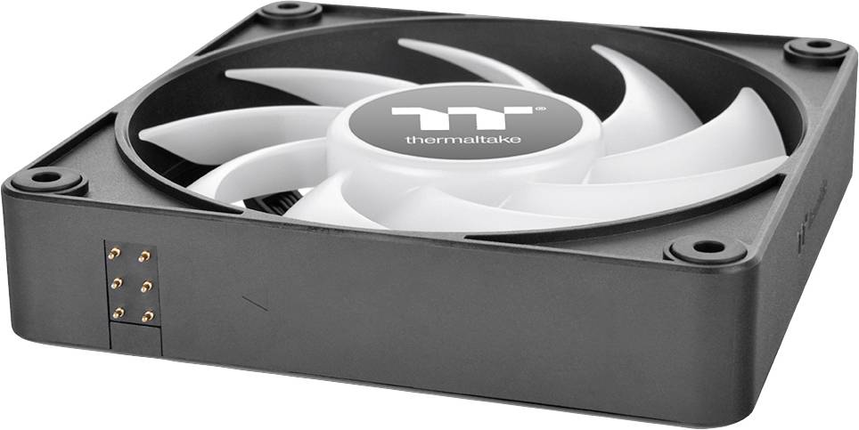 Ventilateur de boîtier Thermaltake noir avec rotor blanc à huit pales et cadre carré, vue de face.