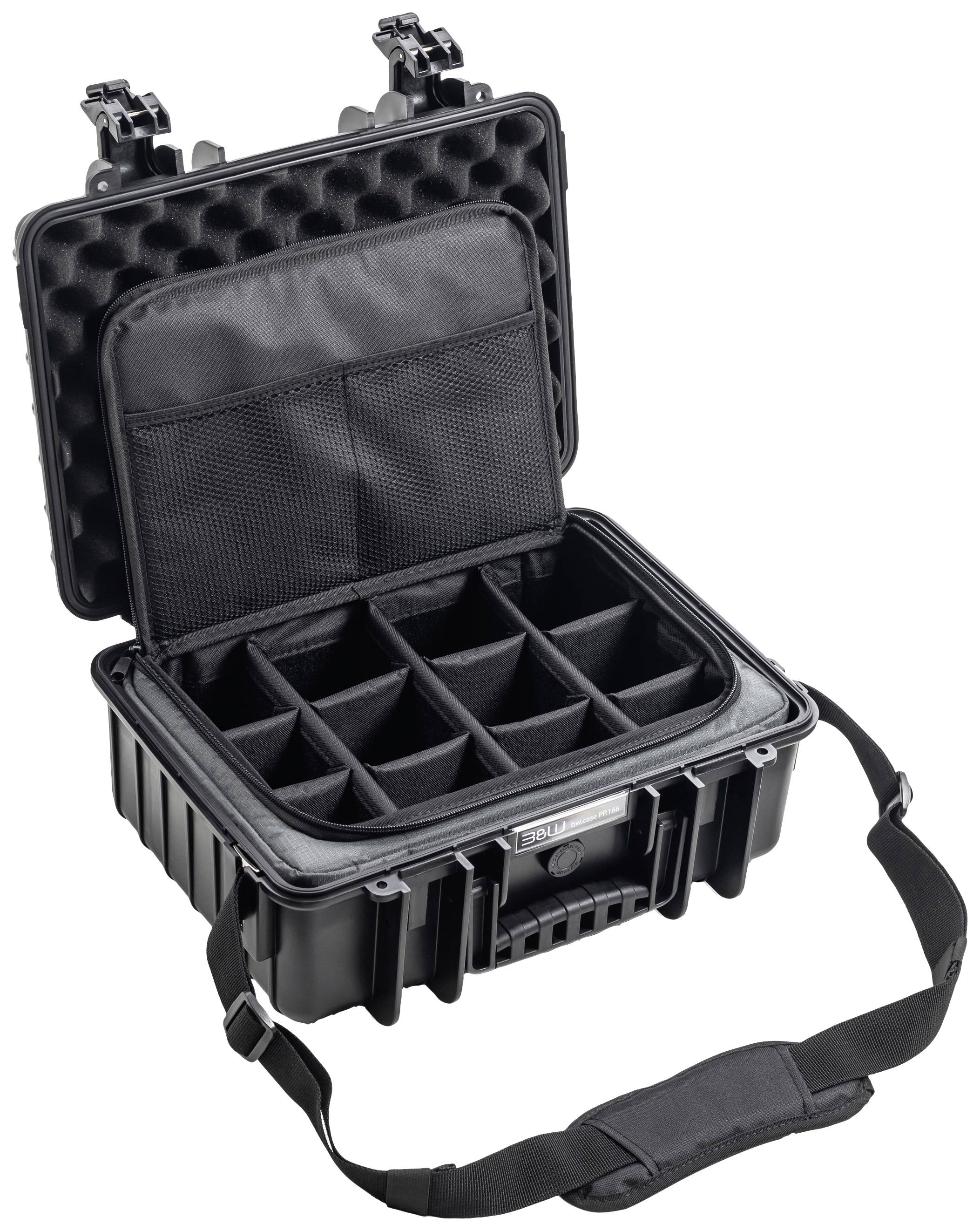 Valise rigide noire ouverte avec intérieur matelassé et compartiments ajustables, adaptée au transport sécurisé d'objets fragiles.