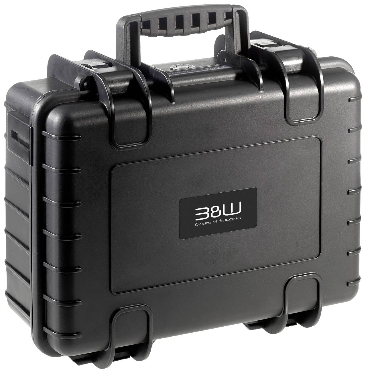 Un étui de protection noir, robuste, avec poignée, fermé, portant la mention 'B&W Cases of Success'.