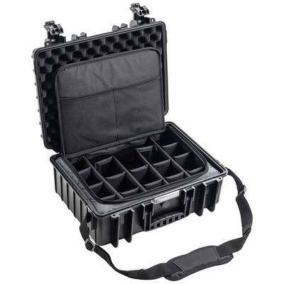 'Valise rigide noire ouverte avec compartiments amovibles et bandoulière, adaptée pour accessoires photo ou électroniques.'