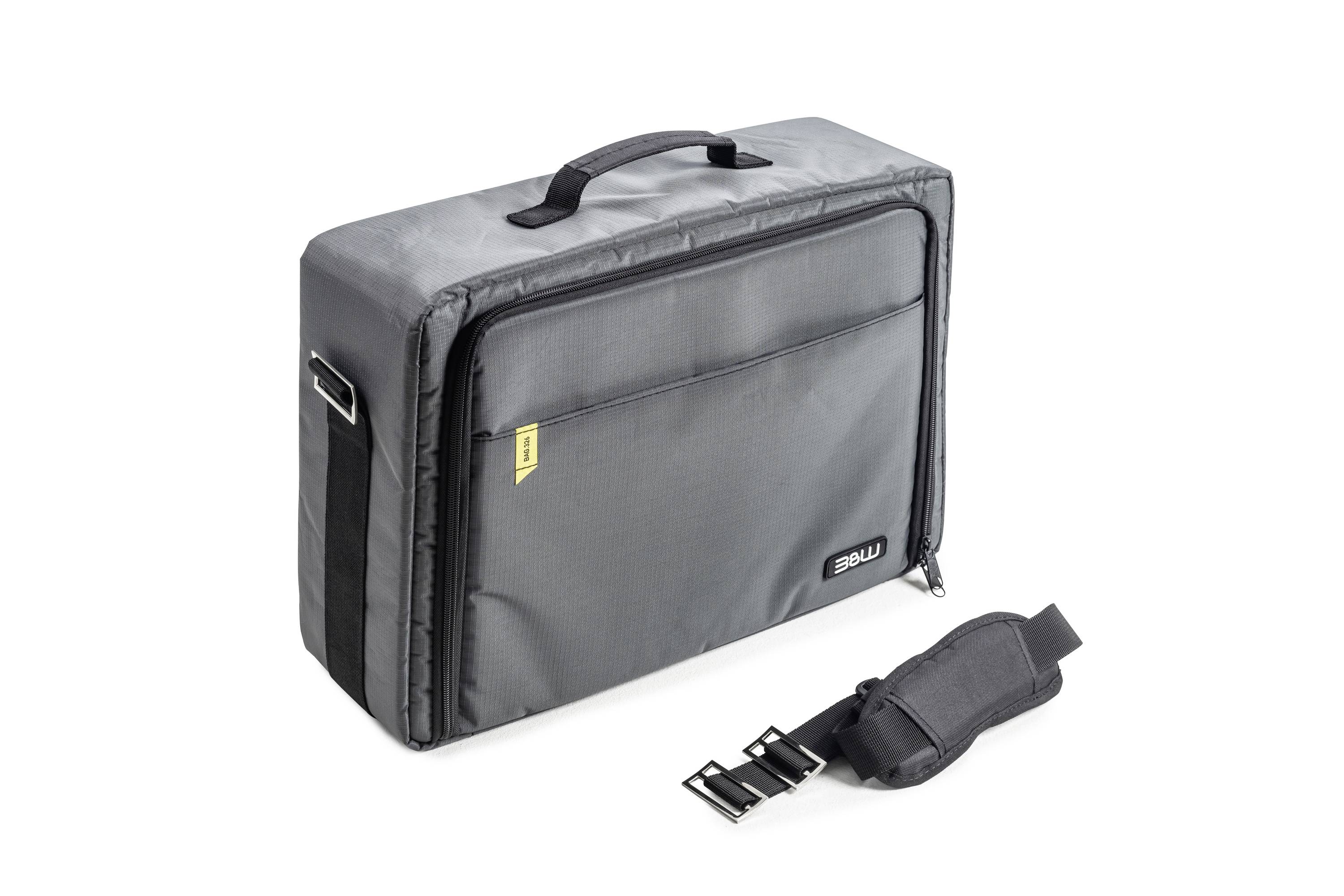 Sacoche grise pour ordinateur portable avec poignée de transport, poche avant et bandoulière amovible.