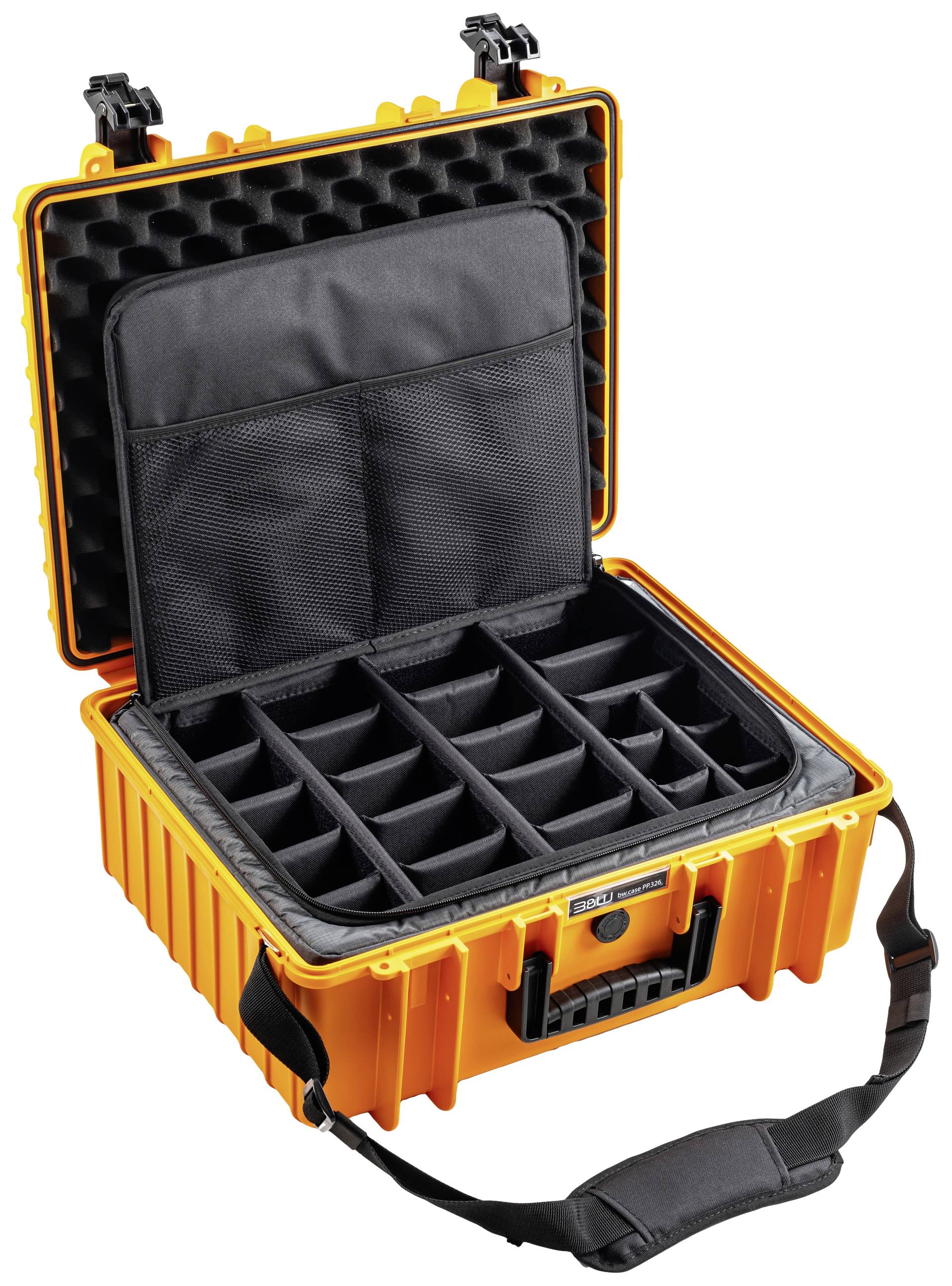 Valise de protection orange avec intérieur en mousse noire et compartiments ajustables, présentée ouverte avec une sangle de transport.