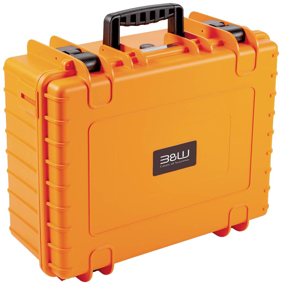 Valise orange robuste avec poignée solide et fermoirs à clips, adaptée au transport sécurisé d'équipements sensibles.