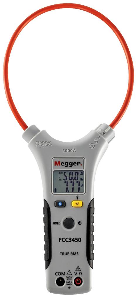L'image montre un appareil de mesure portable de Megger avec une tête de mesure flexible, un affichage numérique et plusieurs touches de fonction.