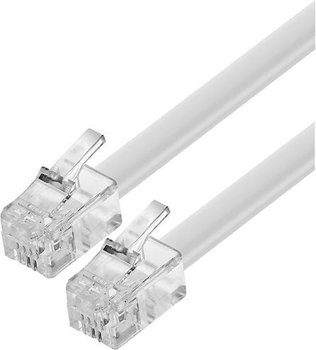 Deux fiches RJ11 transparentes sur des câbles téléphoniques gris, utilisées pour les connexions téléphoniques.