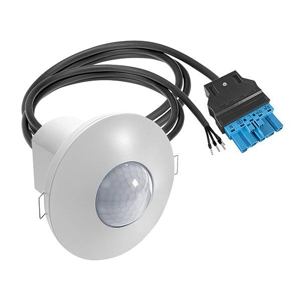 Détecteur de mouvement de plafond avec lentille de capteur circulaire et câble à trois fils ; utilisé pour le contrôle automatique des systèmes d'éclairage.