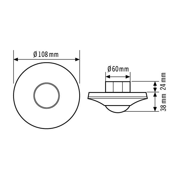 Dessin d'un objet circulaire de 108 mm de diamètre. Vue latérale : hauteur de 38 mm, section centrale de 60 mm de diamètre.