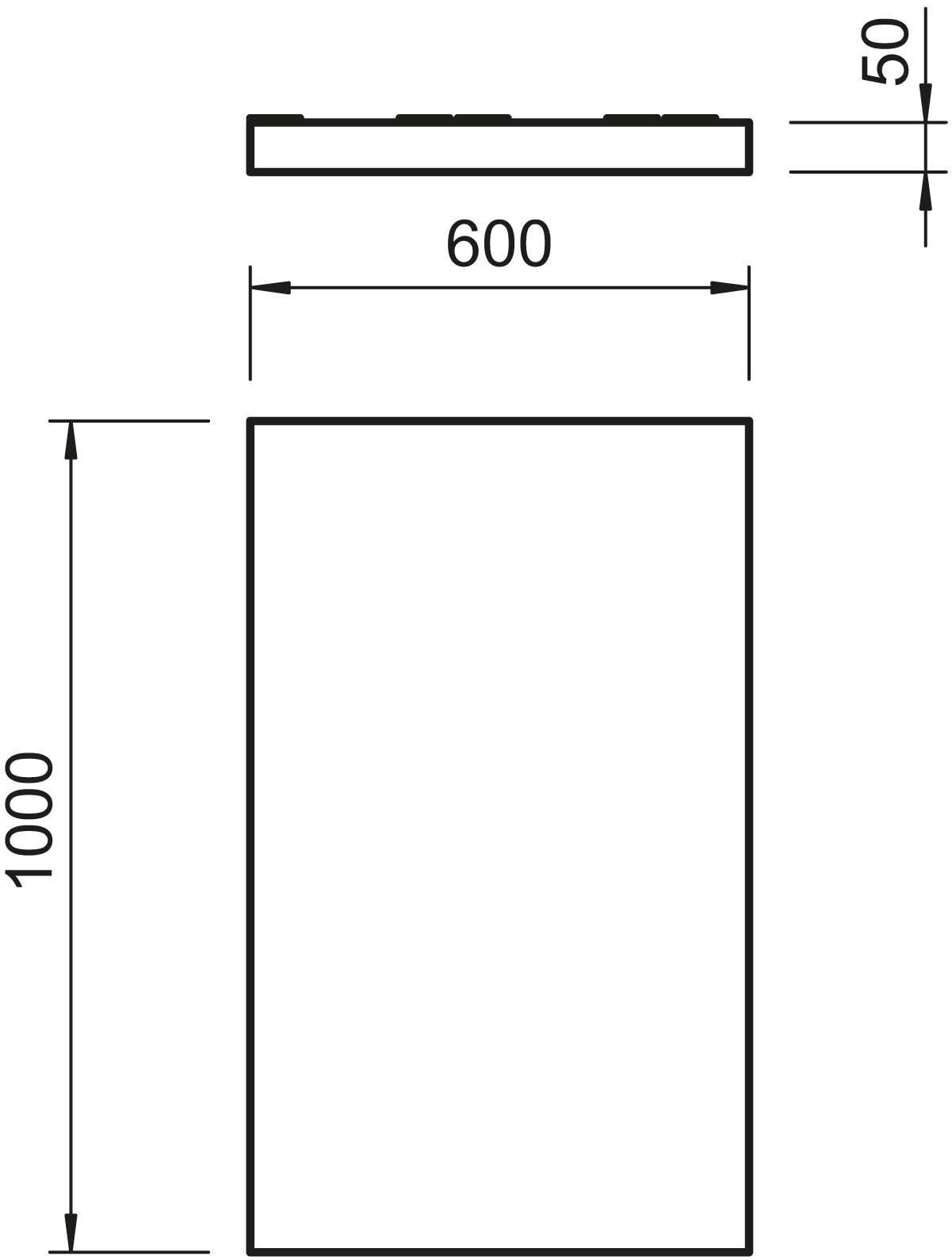 Esquisse d'un objet rectangulaire avec les dimensions suivantes : largeur 600 mm, hauteur 1000 mm, et profondeur 50 mm, présenté en vue de face et de côté.