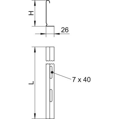 Dessin technique montrant deux vues d'un profilé à crochets avec les dimensions '26' et '7 x 40'.