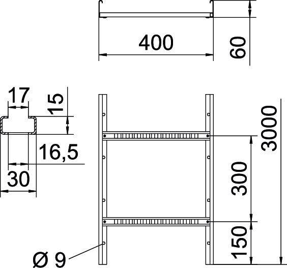 Dessin technique d'un châssis de cadre : Hauteur 3000 mm, Largeur 400 mm, Profondeur 60 mm. Détails sur les perçages et les écartements des entretoises.