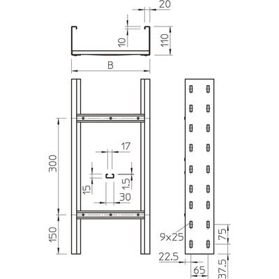 Dessin technique d'une étagère métallique avec vue de face, vue latérale et vue de dessus. Dimensions : largeur (L), hauteur 300 mm, profondeur 110 mm, tailles et espacements des trous marqués.