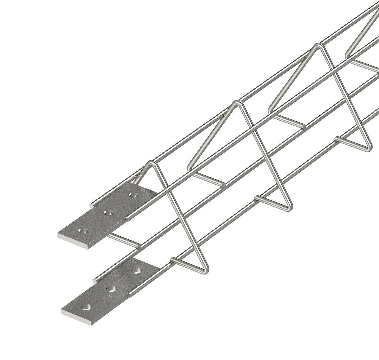 Système de chemin de câbles métallique avec structure en treillis, vue en perspective de côté. Adapté aux applications industrielles ou techniques.