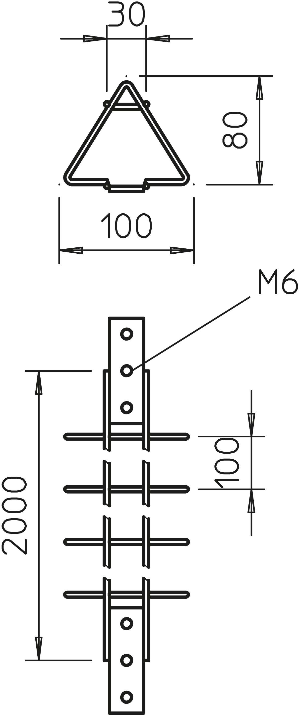 Dessin technique d'un profilé tubulaire en T avec dimensions : Base triangulaire 100 mm, hauteur 80 mm, longueur totale 2000 mm, taille des trous pour vis M6.