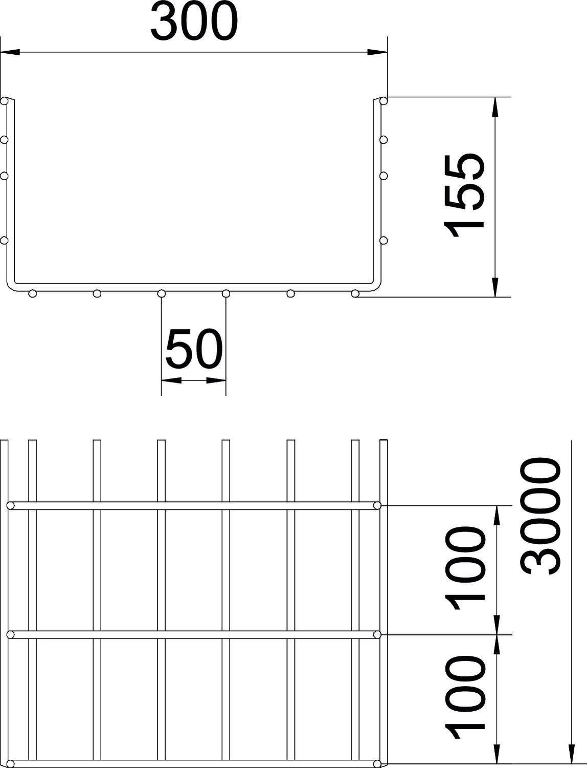 Dessin technique montrant les vues latérale et de face d'une grille rectangulaire en métal avec les dimensions : 300x155x50 mm, espacement des barres de 100 mm.